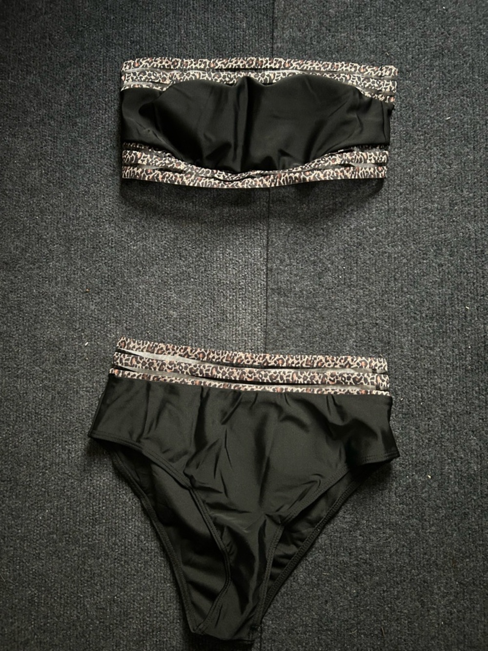 Black Strapless Bikini Set with Leopard Trim